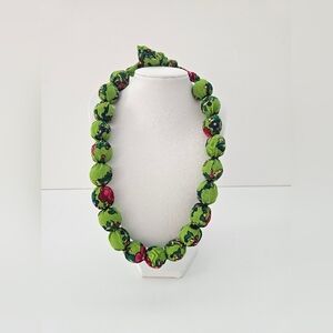 Authentic Polish Folk Art Fabric Covered Bead Necklace Green Floral Choker